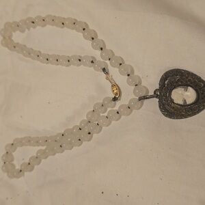 Elegant White Beaded Cameo Necklace